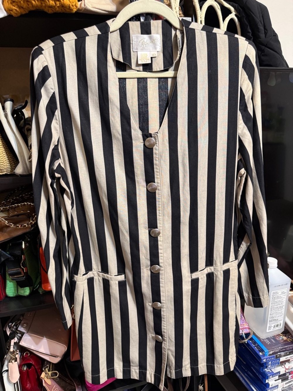 Women's Black & Cream Striped Longline Blazer Jacket